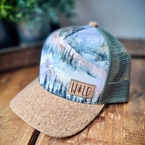 Adult hat: Green and Tan Mesh Trucker Hat mountain design